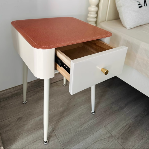 Table de chevet moderne nordique en verre trempé PP fer carré texture cuir avec 1 tiroir pour chambre 