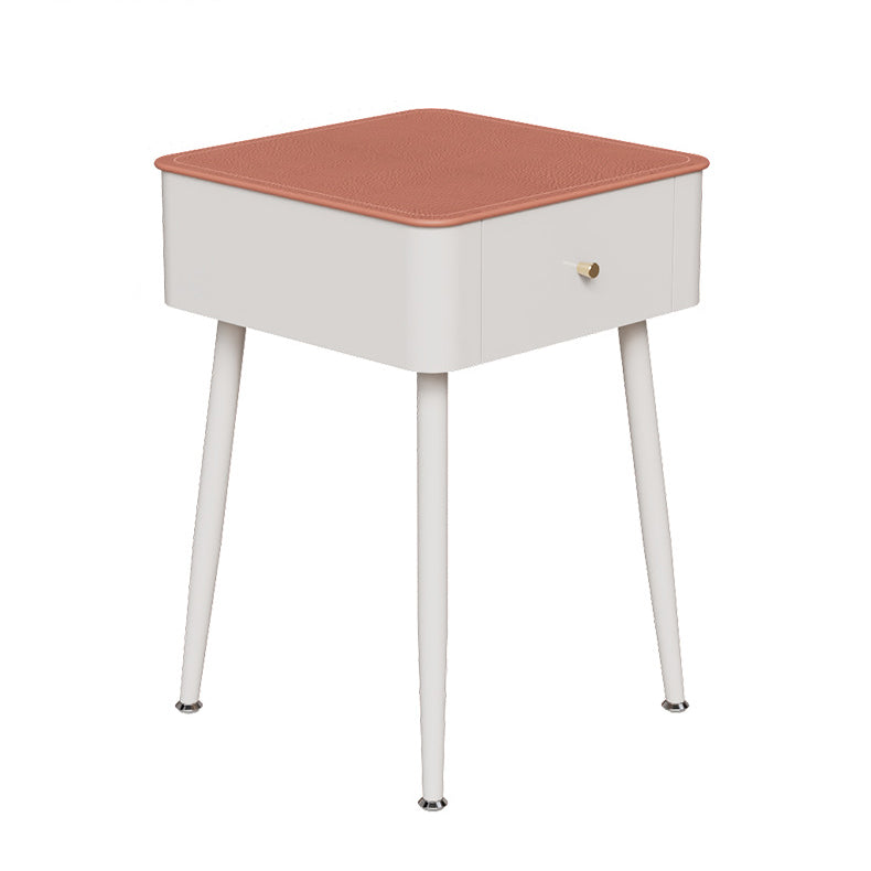 Contemporary Nordic Tempered Glass PP Carbon Steel Square Leather Texture Nightstand With 1 Drawer For Bedroom