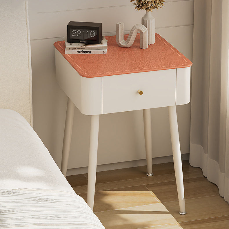 Table de chevet moderne nordique en verre trempé PP fer carré texture cuir avec 1 tiroir pour chambre 