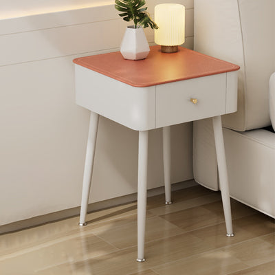 Table de chevet moderne nordique en verre trempé PP fer carré texture cuir avec 1 tiroir pour chambre 