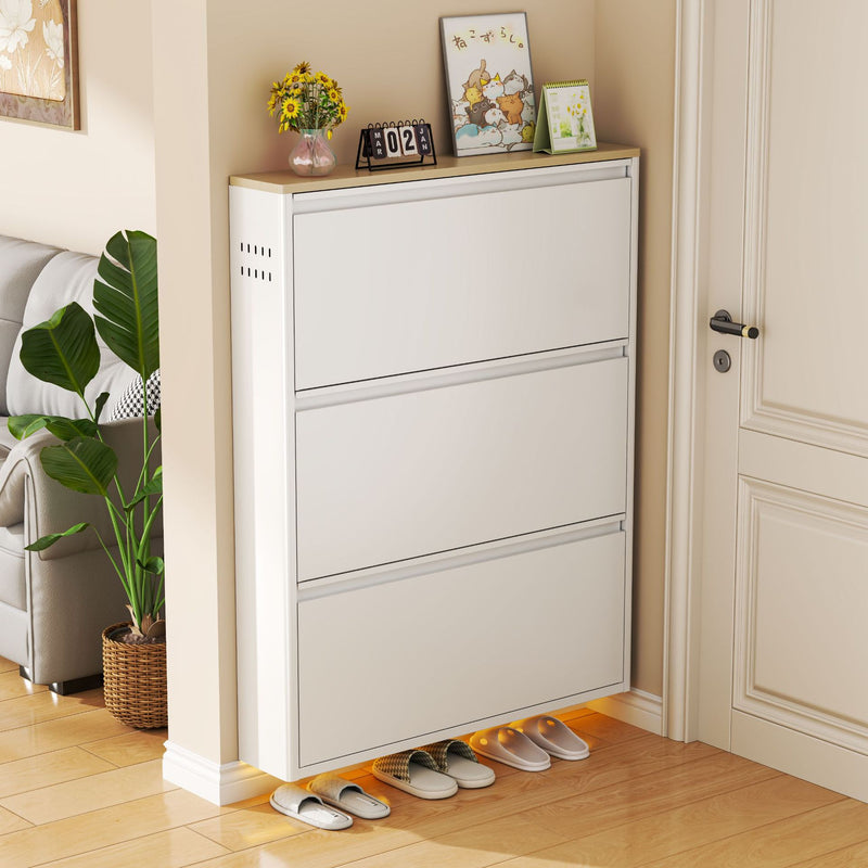 Modern Minimalist Steel Slim Rectangular Shoe Storage With Flip Drawers 3/4 Tier For Entryway