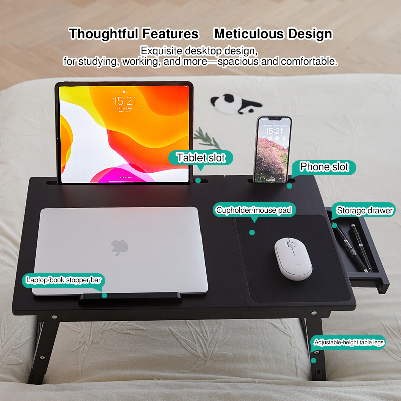 Adjustable Foldable Bamboo Bed Desks - Simplicity Ergonomic Laptop Table For Bedroom &amp; Study