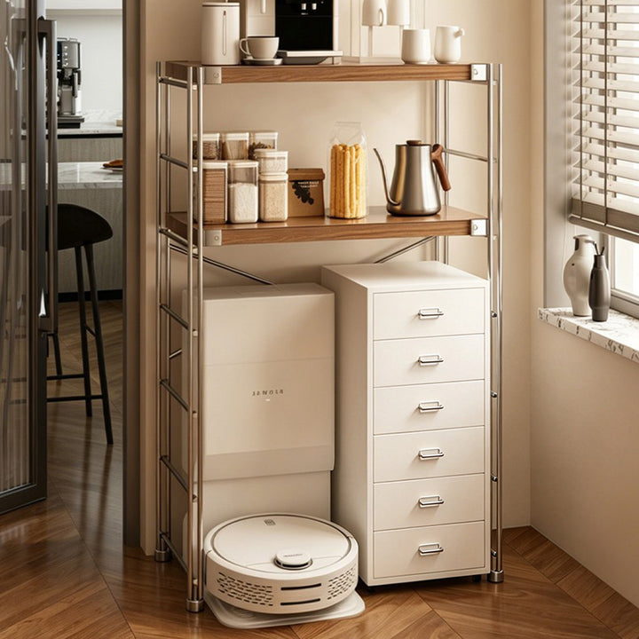 Minimalist Rolling Multi-Tier Storage Shelf - With Adjustable Particleboard Shelves For Kitchen &amp; Living Room