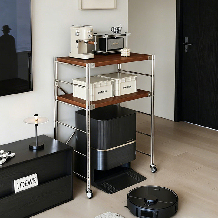 Minimalist Rolling Multi-Tier Storage Shelf - With Adjustable Particleboard Shelves For Kitchen &amp; Living Room