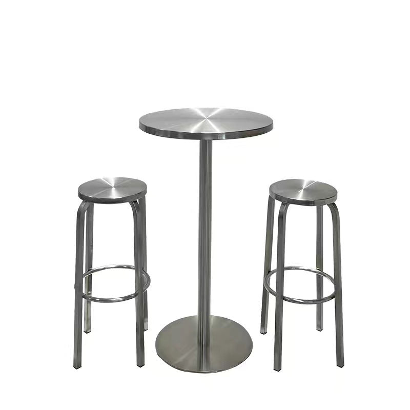 Contemporary Industrial Stainless Steel Round Tall Coffee Table &amp; Stool Set For Kitchen &amp; Living Room