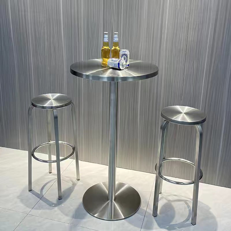 Contemporary Industrial Stainless Steel Round Tall Coffee Table &amp; Stool Set For Kitchen &amp; Living Room