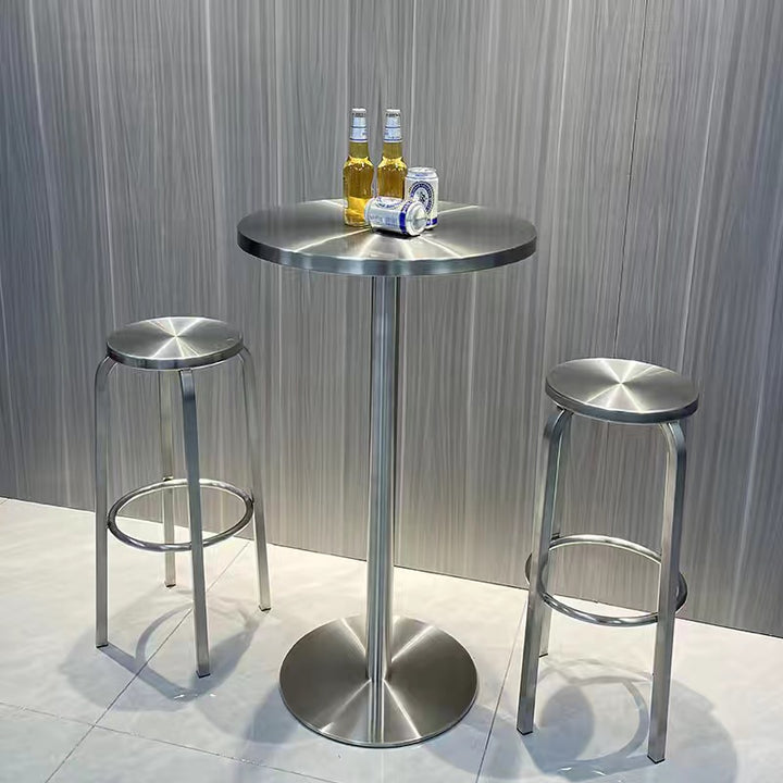 Contemporary Industrial Stainless Steel Round Tall Coffee Table & Stool Set For Kitchen & Living Room