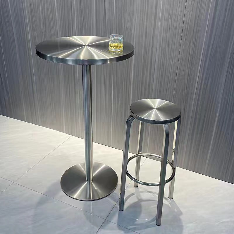 Ensemble de table basse ronde haute en acier inoxydable industriel contemporain et tabouret pour la cuisine et le salon 