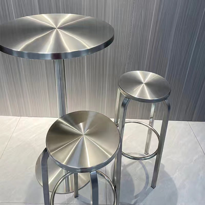 Contemporary Industrial Stainless Steel Round Tall Coffee Table &amp; Stool Set For Kitchen &amp; Living Room