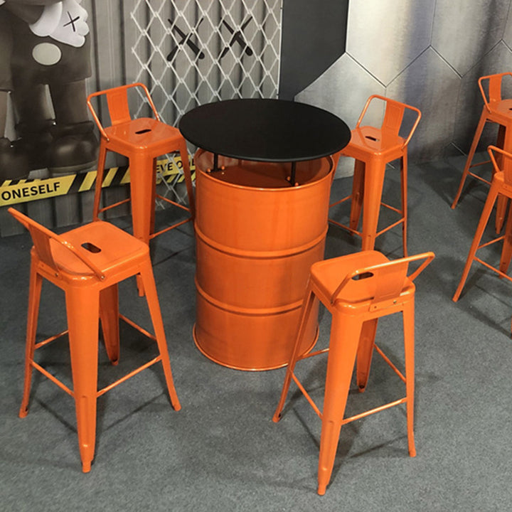 Contemporary Industrial PU Leather Iron Drum-Shaped Round Café Table & Stool Set With Storage & 2/4 Seats For Living Room & Kitchen