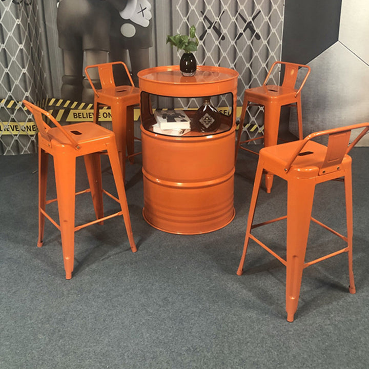Contemporary Industrial PU Leather Iron Drum-Shaped Round Café Table & Stool Set With Storage & 2/4 Seats For Living Room & Kitchen
