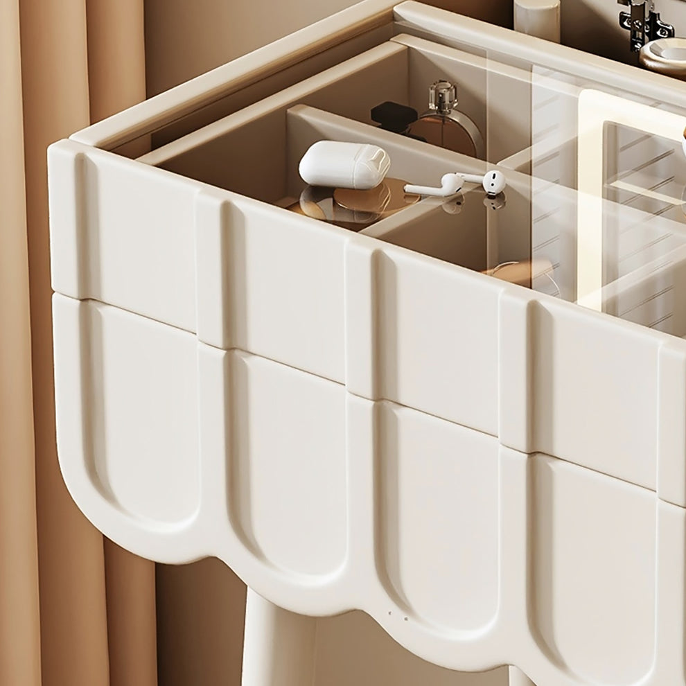 Moderner minimalistischer Eco-Board Metall-Rechteckbogen Schminktisch &amp; Hocker-Set mit Klappspiegel mit LED-Beleuchtung &amp; 2 Schubladen für das Schlafzimmer 