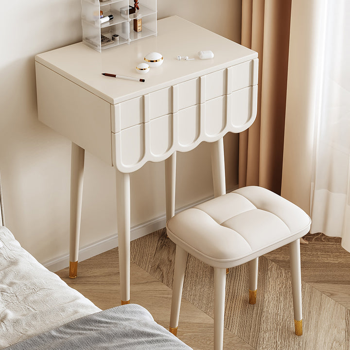 Moderner minimalistischer Eco-Board Metall-Rechteckbogen Schminktisch &amp; Hocker-Set mit Klappspiegel mit LED-Beleuchtung &amp; 2 Schubladen für das Schlafzimmer 