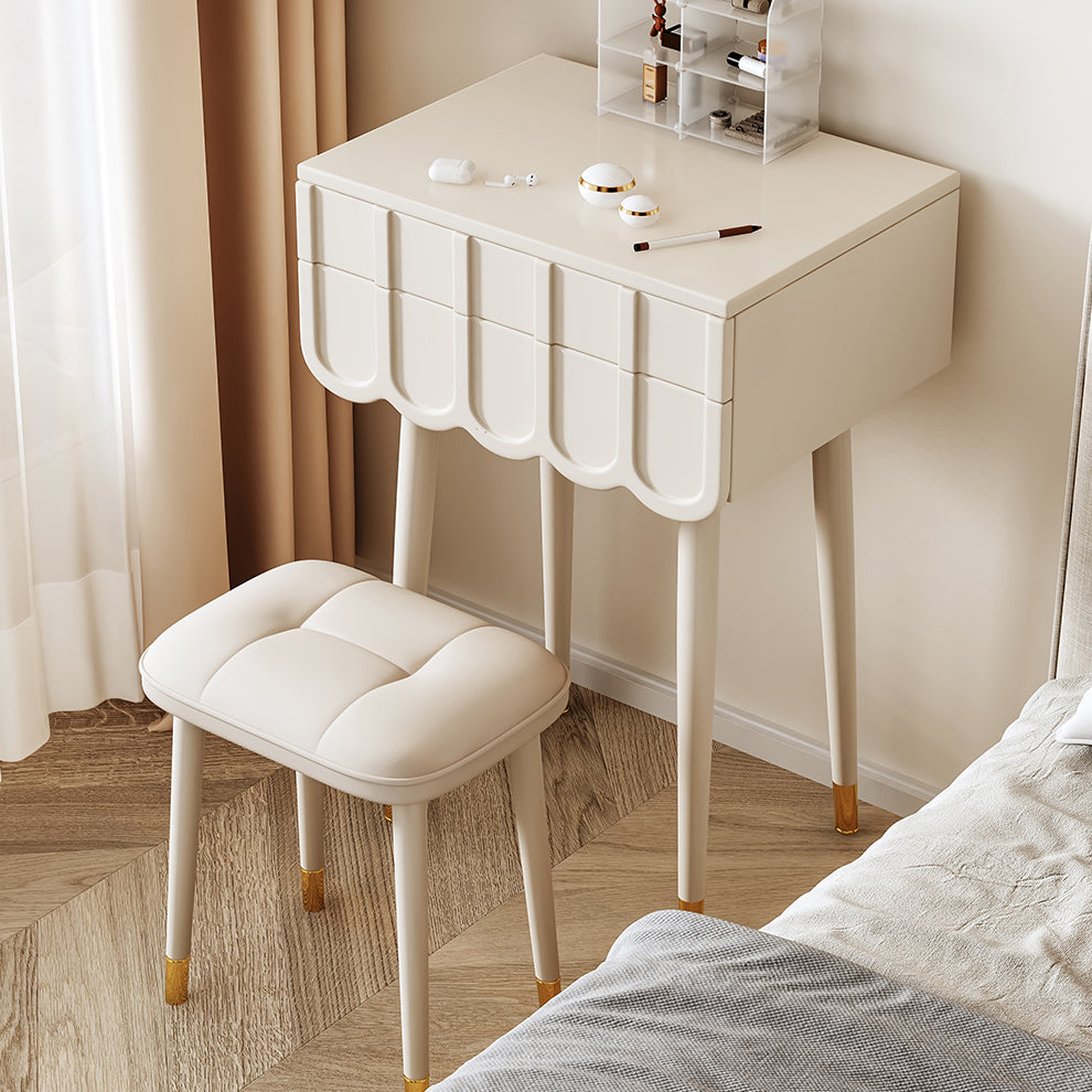 Moderner minimalistischer Eco-Board Metall-Rechteckbogen Schminktisch &amp; Hocker-Set mit Klappspiegel mit LED-Beleuchtung &amp; 2 Schubladen für das Schlafzimmer 