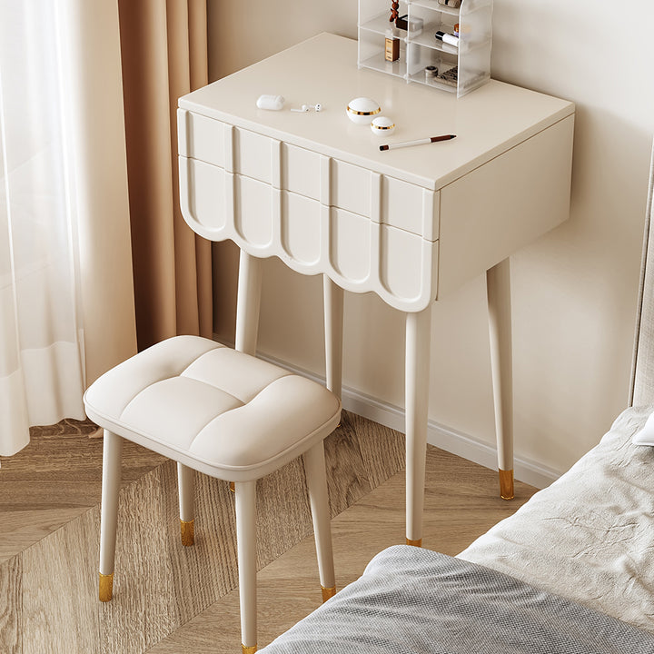 Moderner minimalistischer Eco-Board Metall-Rechteckbogen Schminktisch &amp; Hocker-Set mit Klappspiegel mit LED-Beleuchtung &amp; 2 Schubladen für das Schlafzimmer 