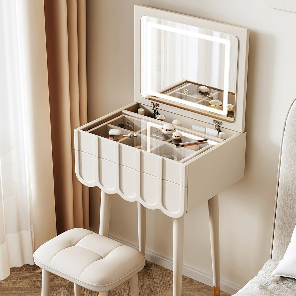Moderner minimalistischer Eco-Board Metall-Rechteckbogen Schminktisch &amp; Hocker-Set mit Klappspiegel mit LED-Beleuchtung &amp; 2 Schubladen für das Schlafzimmer 