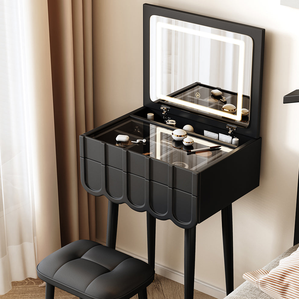 Moderner minimalistischer Eco-Board Metall-Rechteckbogen Schminktisch &amp; Hocker-Set mit Klappspiegel mit LED-Beleuchtung &amp; 2 Schubladen für das Schlafzimmer 