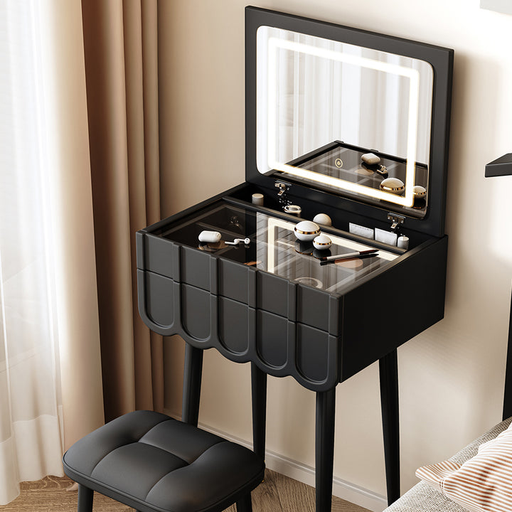 Moderner minimalistischer Eco-Board Metall-Rechteckbogen Schminktisch &amp; Hocker-Set mit Klappspiegel mit LED-Beleuchtung &amp; 2 Schubladen für das Schlafzimmer 