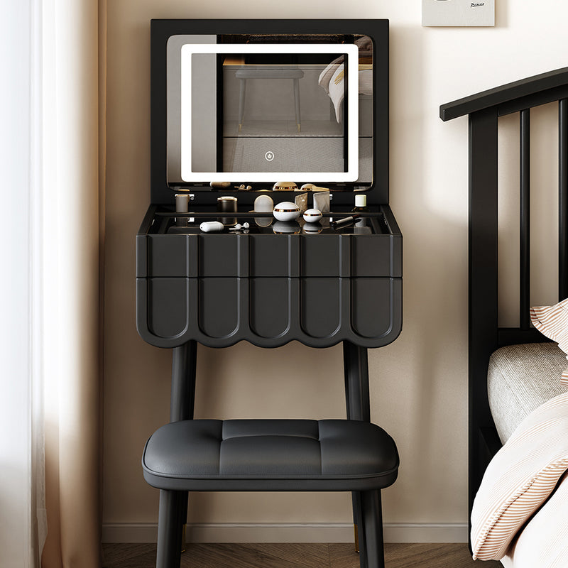 Ensemble de coiffeuse et tabouret moderne minimaliste en métal avec arche rectangulaire écologique avec miroir LED rabattable et 2 tiroirs pour chambre 
