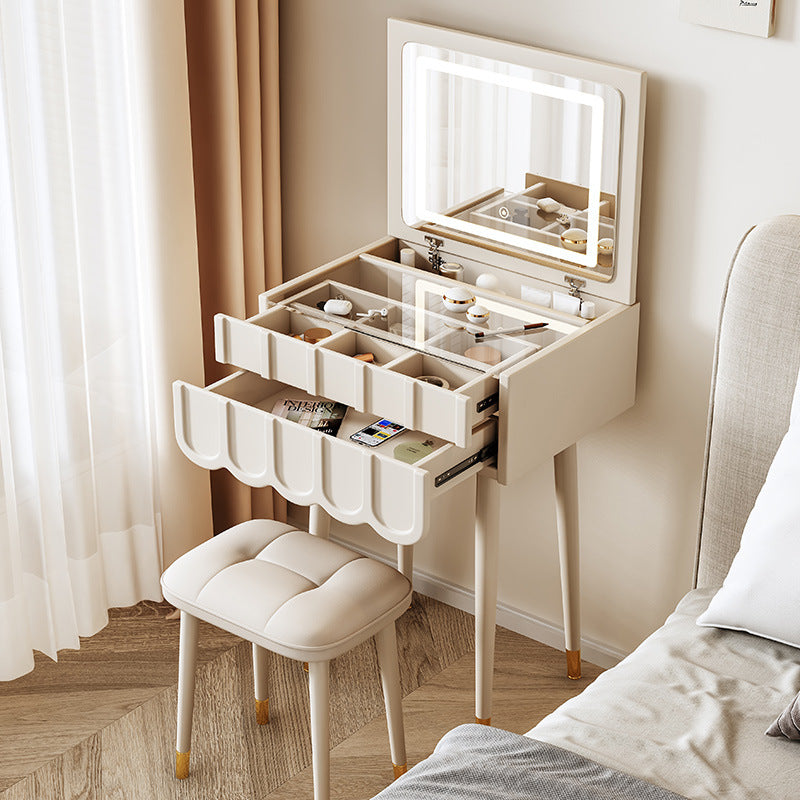 Moderner minimalistischer Eco-Board Metall-Rechteckbogen Schminktisch &amp; Hocker-Set mit Klappspiegel mit LED-Beleuchtung &amp; 2 Schubladen für das Schlafzimmer 