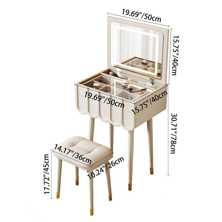 Moderner minimalistischer Eco-Board Metall-Rechteckbogen Schminktisch &amp; Hocker-Set mit Klappspiegel mit LED-Beleuchtung &amp; 2 Schubladen für das Schlafzimmer 