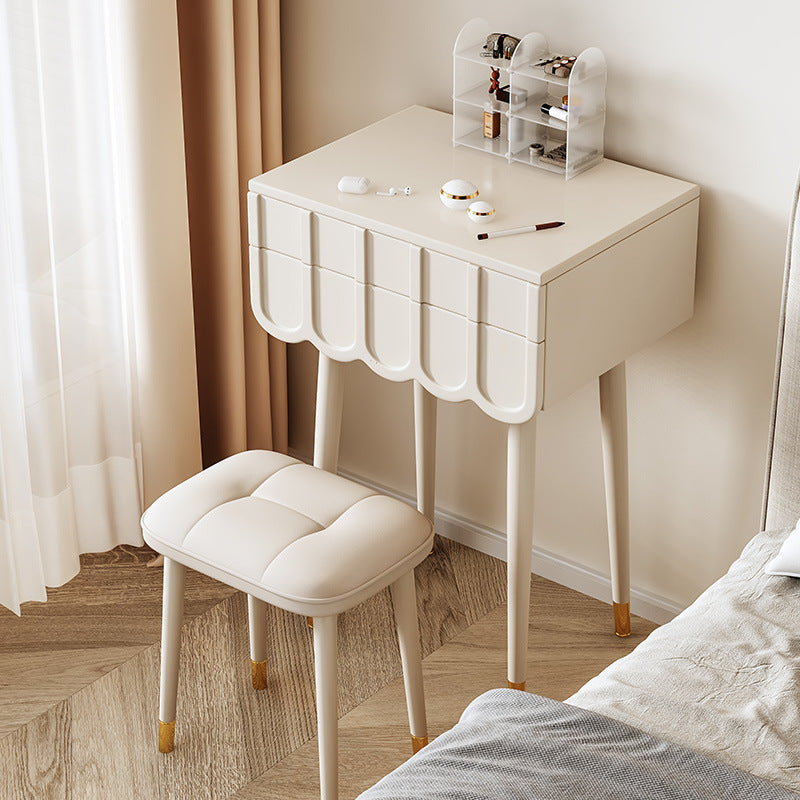 Moderner minimalistischer Eco-Board Metall-Rechteckbogen Schminktisch &amp; Hocker-Set mit Klappspiegel mit LED-Beleuchtung &amp; 2 Schubladen für das Schlafzimmer 