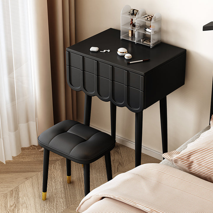 Moderner minimalistischer Eco-Board Metall-Rechteckbogen Schminktisch &amp; Hocker-Set mit Klappspiegel mit LED-Beleuchtung &amp; 2 Schubladen für das Schlafzimmer 