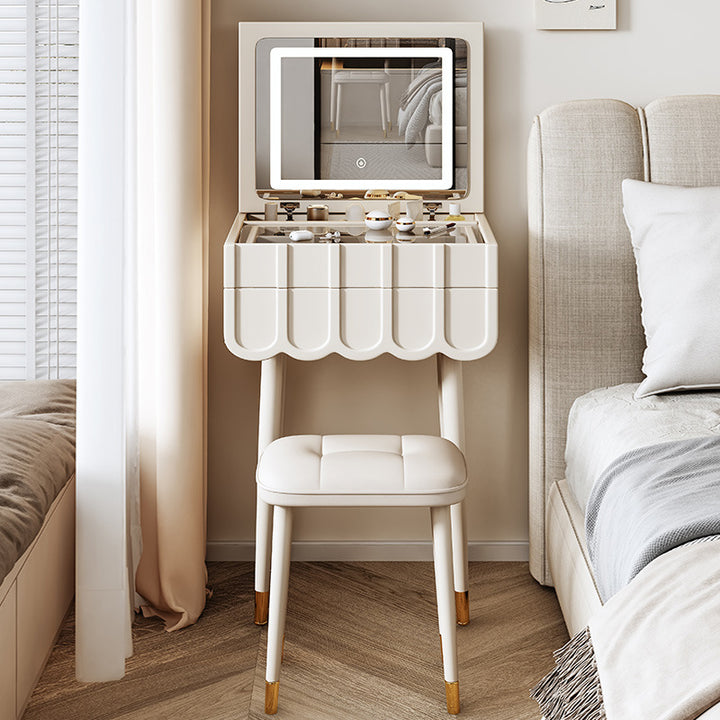 Moderner minimalistischer Eco-Board Metall-Rechteckbogen Schminktisch &amp; Hocker-Set mit Klappspiegel mit LED-Beleuchtung &amp; 2 Schubladen für das Schlafzimmer 
