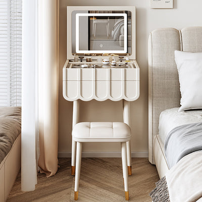 Ensemble de coiffeuse et tabouret moderne minimaliste en métal avec arche rectangulaire écologique avec miroir LED rabattable et 2 tiroirs pour chambre 