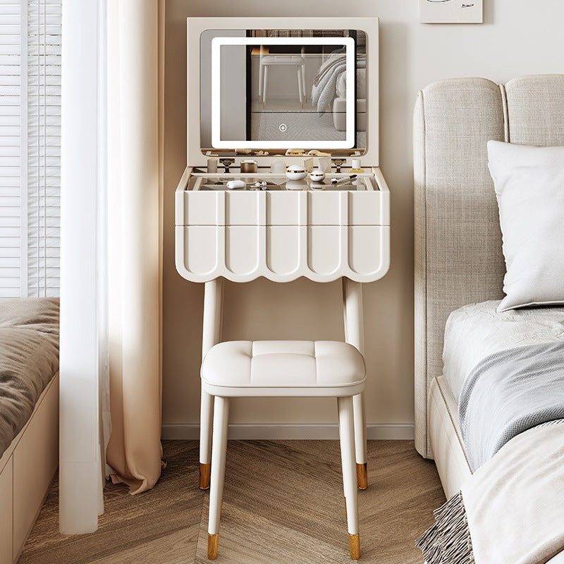 Ensemble de coiffeuse et tabouret moderne minimaliste en métal avec arche rectangulaire écologique avec miroir LED rabattable et 2 tiroirs pour chambre 