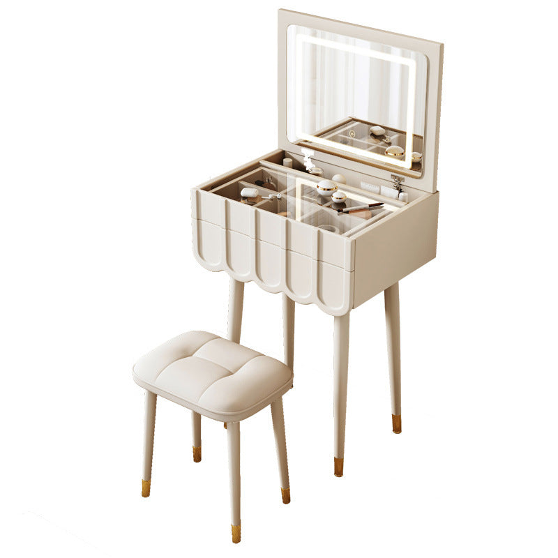 Moderner minimalistischer Eco-Board Metall-Rechteckbogen Schminktisch &amp; Hocker-Set mit Klappspiegel mit LED-Beleuchtung &amp; 2 Schubladen für das Schlafzimmer 