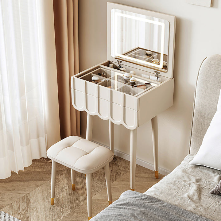 Moderner minimalistischer Eco-Board Metall-Rechteckbogen Schminktisch &amp; Hocker-Set mit Klappspiegel mit LED-Beleuchtung &amp; 2 Schubladen für das Schlafzimmer 