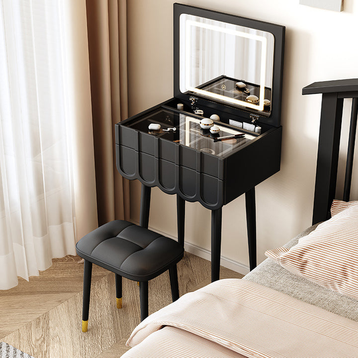 Moderner minimalistischer Eco-Board Metall-Rechteckbogen Schminktisch &amp; Hocker-Set mit Klappspiegel mit LED-Beleuchtung &amp; 2 Schubladen für das Schlafzimmer 