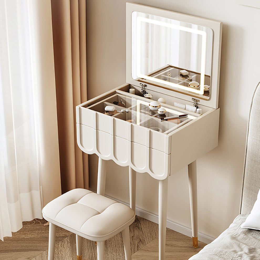 Moderner minimalistischer Eco-Board Metall-Rechteckbogen Schminktisch &amp; Hocker-Set mit Klappspiegel mit LED-Beleuchtung &amp; 2 Schubladen für das Schlafzimmer 