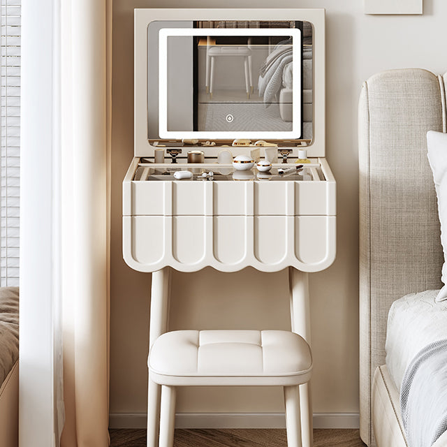 Ensemble de coiffeuse et tabouret moderne minimaliste en métal avec arche rectangulaire écologique avec miroir LED rabattable et 2 tiroirs pour chambre 