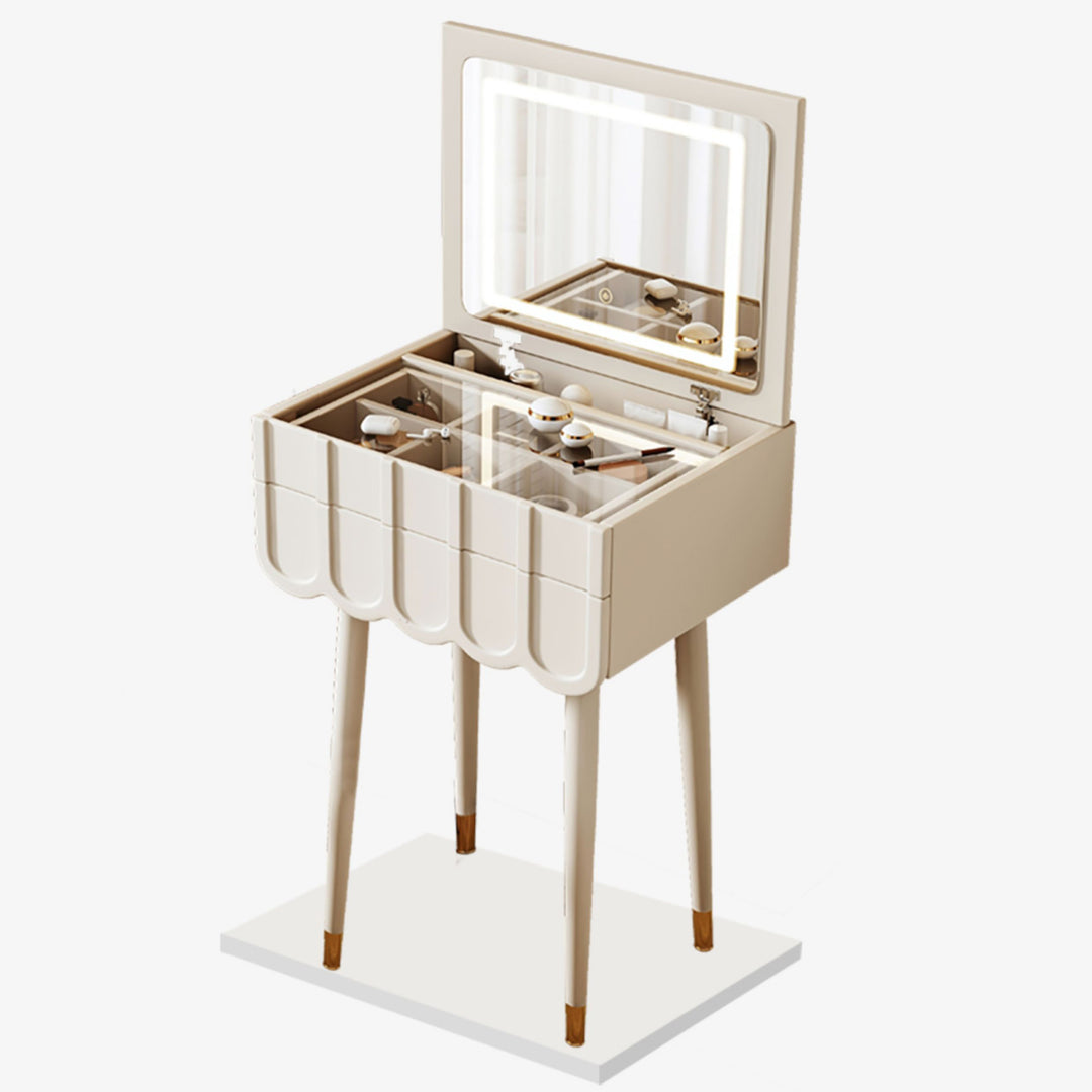 Moderner minimalistischer Eco-Board Metall-Rechteckbogen Schminktisch &amp; Hocker-Set mit Klappspiegel mit LED-Beleuchtung &amp; 2 Schubladen für das Schlafzimmer 
