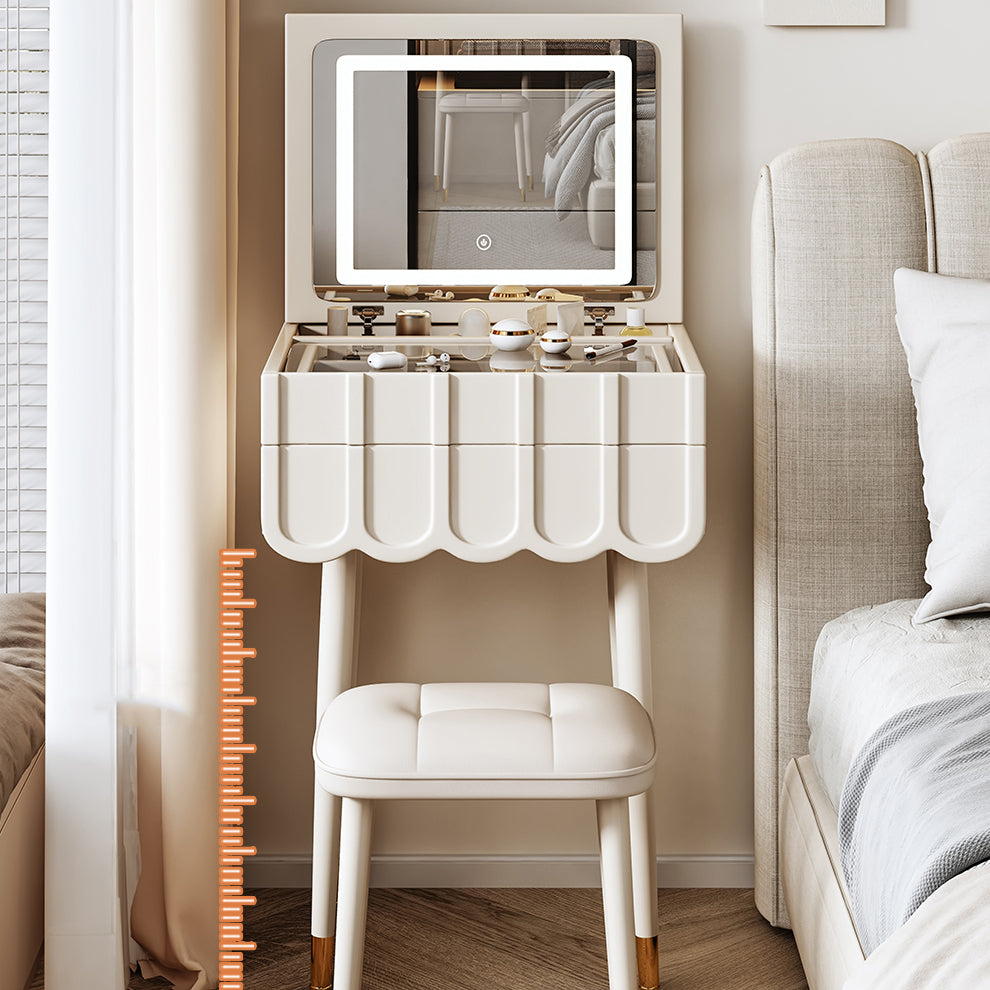 Moderner minimalistischer Eco-Board Metall-Rechteckbogen Schminktisch &amp; Hocker-Set mit Klappspiegel mit LED-Beleuchtung &amp; 2 Schubladen für das Schlafzimmer 