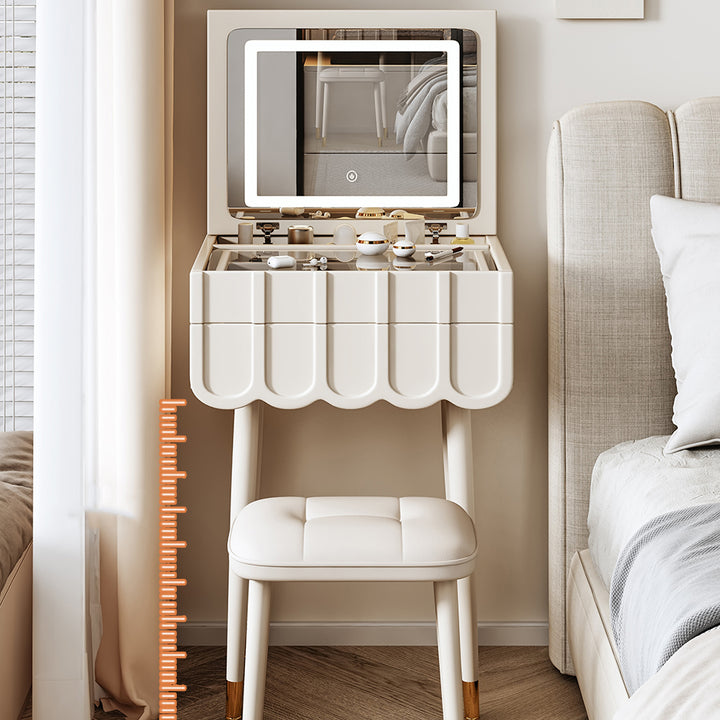 Moderner minimalistischer Eco-Board Metall-Rechteckbogen Schminktisch &amp; Hocker-Set mit Klappspiegel mit LED-Beleuchtung &amp; 2 Schubladen für das Schlafzimmer 