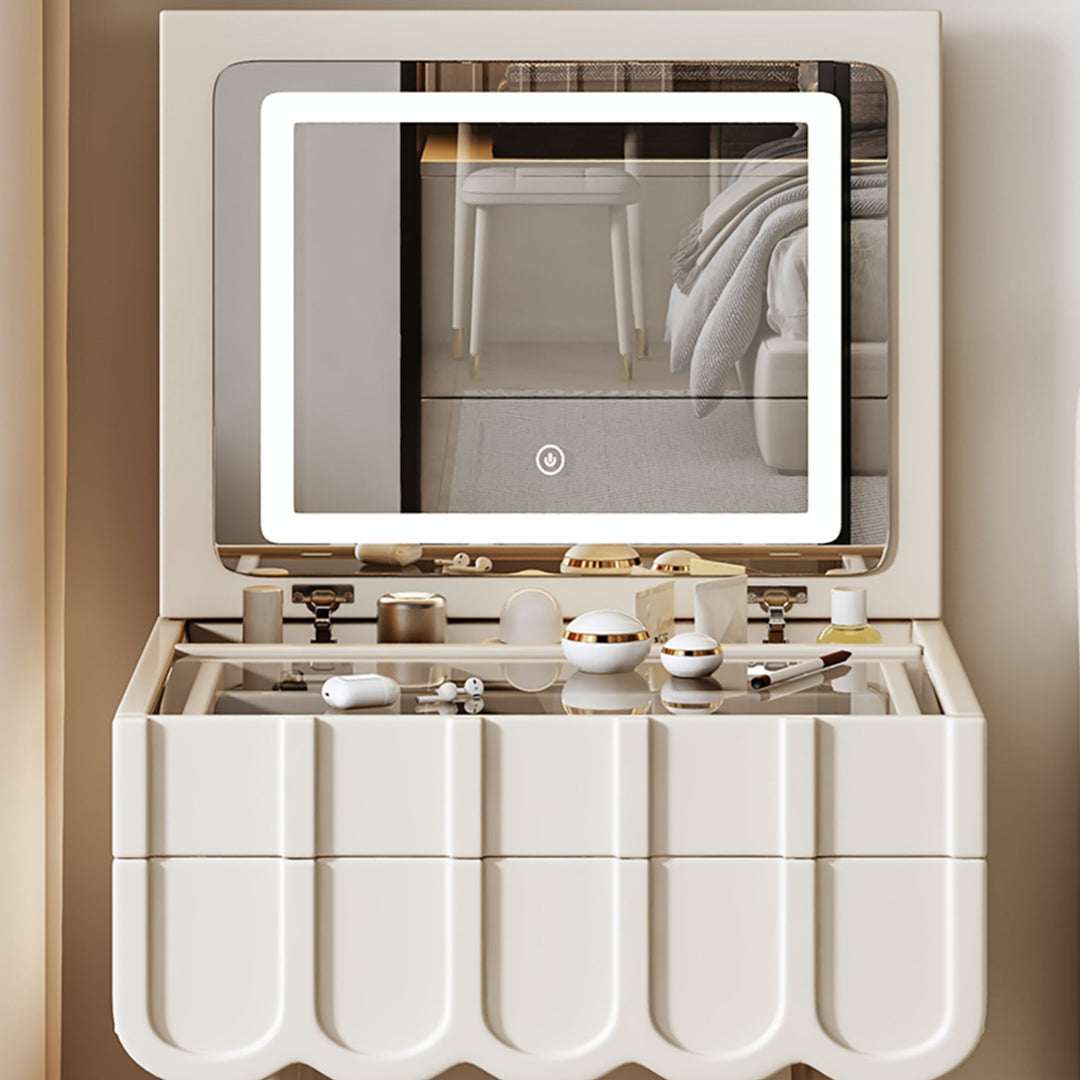 Moderner minimalistischer Eco-Board Metall-Rechteckbogen Schminktisch &amp; Hocker-Set mit Klappspiegel mit LED-Beleuchtung &amp; 2 Schubladen für das Schlafzimmer 