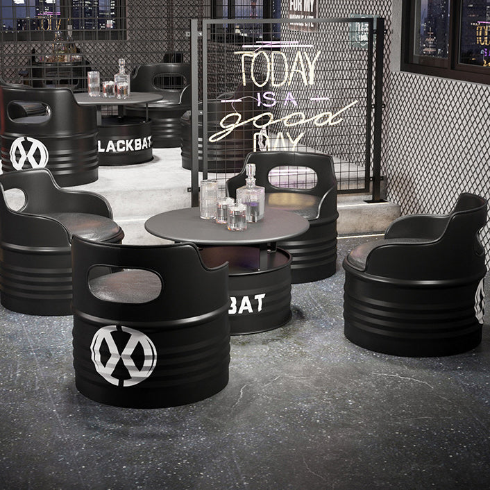 Table basse et ensemble de chaises contemporains en tambour industriel rond en fer avec cuir et éponge pour salle à manger 