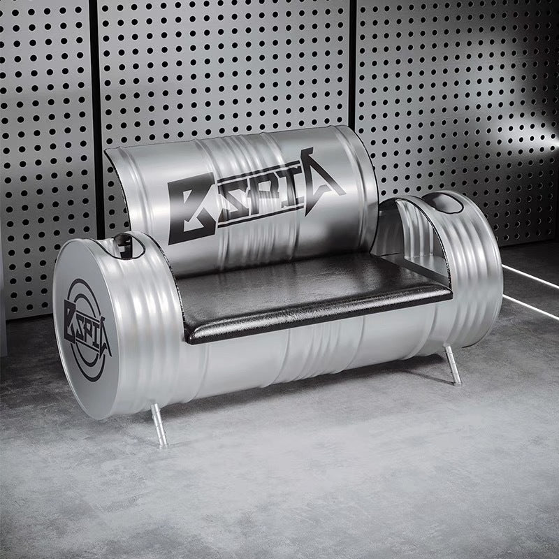 Zeitgenössisches industrielles Eisen-Kiefernholz-Leder-Ölfass-Rund-Rechteckiger Couchtisch &amp; Sofa-Set für Esszimmer 