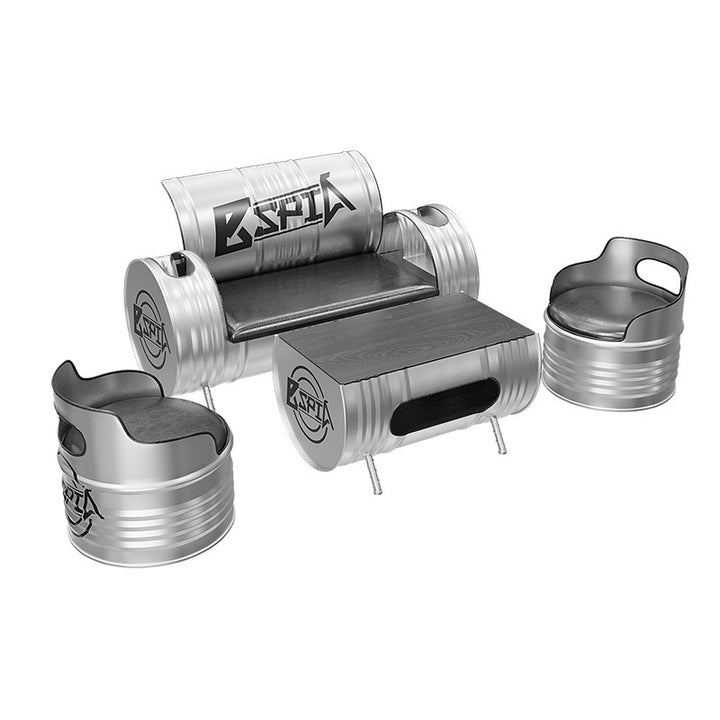 Zeitgenössisches industrielles Eisen-Kiefernholz-Leder-Ölfass-Rund-Rechteckiger Couchtisch &amp; Sofa-Set für Esszimmer 