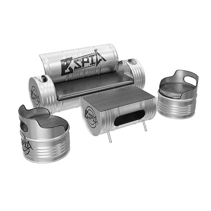 Zeitgenössisches industrielles Eisen-Kiefernholz-Leder-Ölfass-Rund-Rechteckiger Couchtisch &amp; Sofa-Set für Esszimmer 