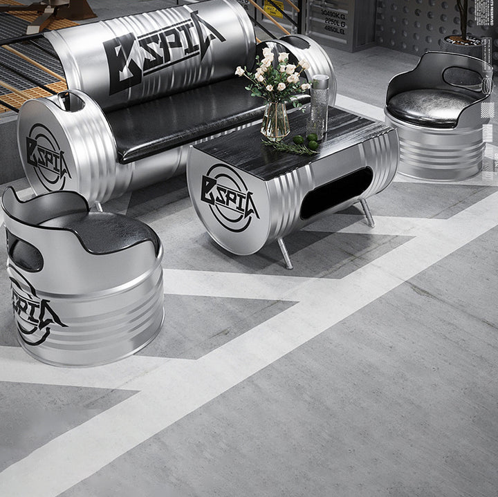 Zeitgenössisches industrielles Eisen-Kiefernholz-Leder-Ölfass-Rund-Rechteckiger Couchtisch &amp; Sofa-Set für Esszimmer 