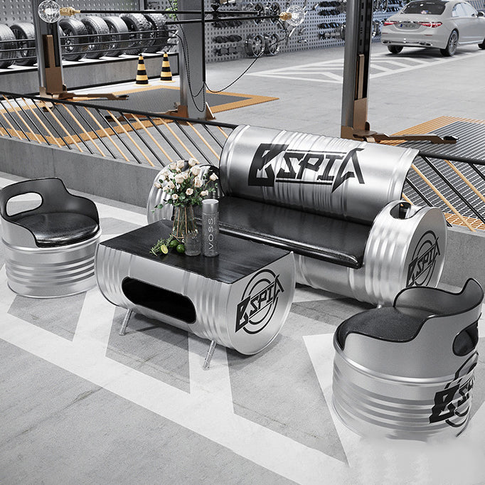 Zeitgenössisches industrielles Eisen-Kiefernholz-Leder-Ölfass-Rund-Rechteckiger Couchtisch &amp; Sofa-Set für Esszimmer 