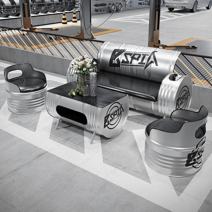 Zeitgenössisches industrielles Eisen-Kiefernholz-Leder-Ölfass-Rund-Rechteckiger Couchtisch &amp; Sofa-Set für Esszimmer 