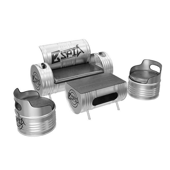 Zeitgenössisches industrielles Eisen-Kiefernholz-Leder-Ölfass-Rund-Rechteckiger Couchtisch &amp; Sofa-Set für Esszimmer 