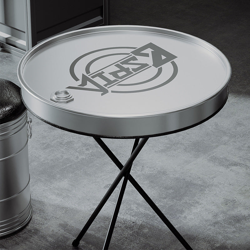 Table basse ronde et ensemble de chaises en fer industriel contemporain avec tambour en cuir et huile 1-rangement pour salon 