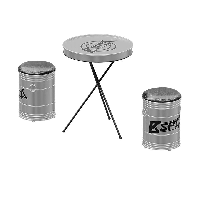 Table basse ronde et ensemble de chaises en fer industriel contemporain avec tambour en cuir et huile 1-rangement pour salon 