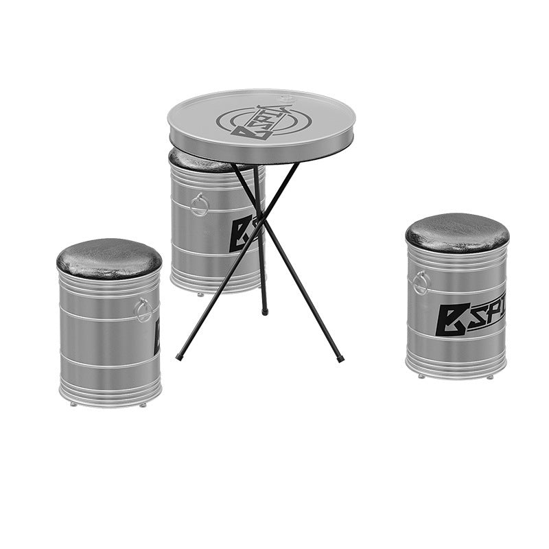 Table basse ronde et ensemble de chaises en fer industriel contemporain avec tambour en cuir et huile 1-rangement pour salon 